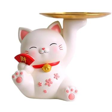 Imagem de EatingBiting Bandeja de armazenamento de resina para gatos da sorte com 1 bandeja de metal, estátuas de gato, esculturas, porta-chaves, estatueta moderna para armário de TV, decoração de casa
