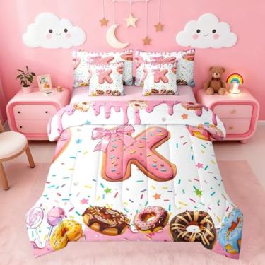 Imagem de Erosebridal Jogo de cama infantil com laço rosa, conjunto de edredom feminino e donut, com lençóis, letra K, cama ultramacia, 7 peças, nó de borboleta, decoração de quarto de princesa, 7 peças