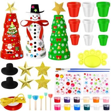 Imagem de 9 peças de cerâmica de Natal para suculentas, kit de artesanato - 3 cores de cerâmica sem pintura para pintar vasos de plantas, pintar seus próprios vasos de flores de Natal, vasos de terracota