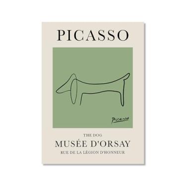 Imagem de Impressão em tela verde sálvia Pablo Picasso animais esboço arte de parede gato cão pássaro cavalo impressão linha abstrata desenho pôsteres para quarto casa escritório decoração (SKU3,12 x 45,7 cm =