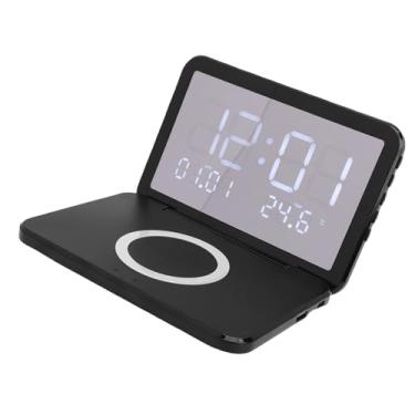 Imagem de Jiawu Relógio de Carregamento Sem Fio Dobrável de 15 W LED Espelho Eletrônico para Mesa de Cabeceira, Carregamento Rápido Almofada Antiderrapante Calendário Temperatura Relógio de Sem Fio para (#12)
