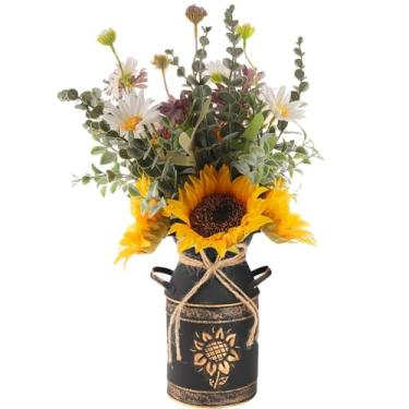 Imagem de Flores falsas amarelas em vaso, girassóis, flores artificiais e margarida, arranjos de flores de cetim de seda com vaso de metal preto, girassol, decoração de cozinha, decoração de banheiro, presentes