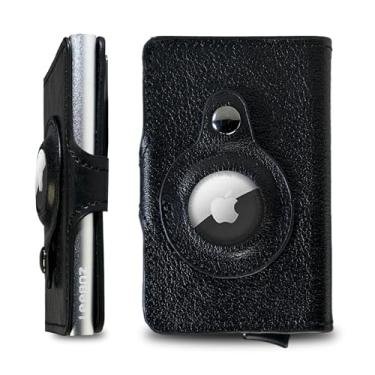 Imagem de Carteira de couro fina para homens com suporte embutido para AirTag – Suporte de cartão pop-up com bloqueio RFID para dinheiro e cartões – Carteira minimalista de couro genuíno com bolso frontal