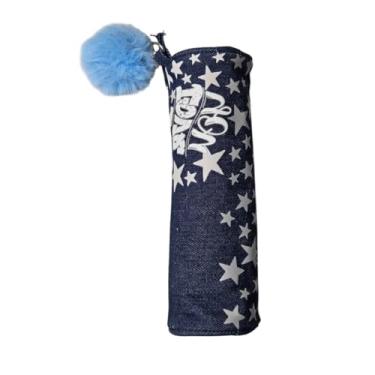 Imagem de Estojo Jeans Love You Estrelas Pompom Azul Escolar Fofo Leve