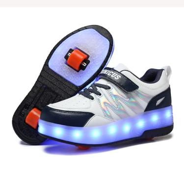 Imagem de YUNICUS Tênis infantil com luz LED para rodas, carregamento USB, tênis de skate para meninas, meninos, crianças, melhor presente para aniversário, Halloween, Natal, Azul, branco, 15