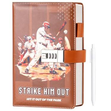 Imagem de CAGIE Diário com cadeado para adolescentes que gostam de beisebol, presentes para meninas e meninos 12-18 anos Securely Guard Secrets Journal com cadeado, diário recarregável de 14 x 21 cm com caneta