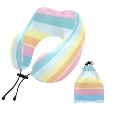 Imagem de CEBUGI Travesseiros de viagem portáteis em forma de U, travesseiro de pescoço de espuma viscoelástica com trava de corda ajustável para avião, viagem, trem, negócios, escritório, soneca (listras