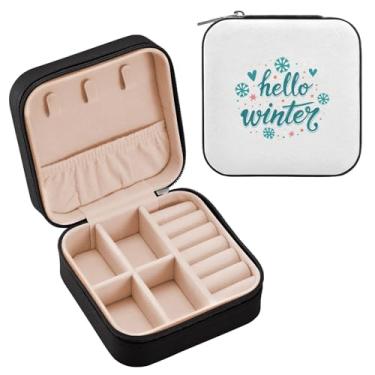 Imagem de Wassud Hello Winter Estojo de joias de viagem para mulheres, meninas, senhoras, noiva, mini organizador de joias de couro PU, caixa quadrada de armazenamento de joias para brincos, anéis, colar e
