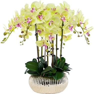 Imagem de LMJYU Flor artificial com orquídea artificial Phalaenopsis e vaso dourado, orquídea falsa de 10 ramos, usada para banquetes de casamento em família