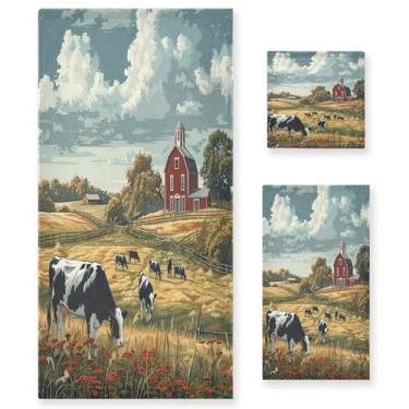 Imagem de xigua Conjunto de toalhas de banheiro com cena de fazenda com vacas absorvente toalha de banho macia de 3 peças toalha de mão toalhas decorativas para banheiro, academia, hotel, praia, piscina