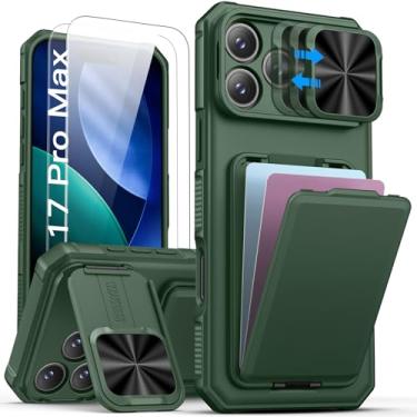 Imagem de SSLOTSCASE Capa para iPhone 17 Pro Max com 2 protetores de tela de vidro, HD Clarity antiarranhões, suporte para cartão e suporte e capa de lente deslizante, capa de telefone robusta feminina