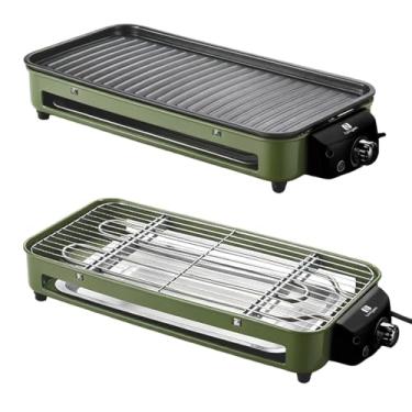 Imagem de Versátil Churrasqueira Elétrica Portátil 127V Verde Ferro Inox 1500W Alta Potência Desmontável Fácil Limpeza Pouca Fumaça Controle de Temperatura Ótimo Para Casa e Acampamento