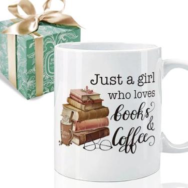 Imagem de Puouoonyi Caneca de livros engraçados Just a Girl Who Loves Books para amantes de livros, mulheres leitoras, presente de bibliotecário, clube de leitura