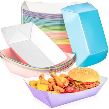 Imagem de MotBach Pacote com 50 bandejas de papel extragrandes de 2,3 kg, recipientes de papel descartáveis, bandeja colorida para servir comida kraft, barcos, pratos para lanche, pipoca, sanduíche, hambúrguer