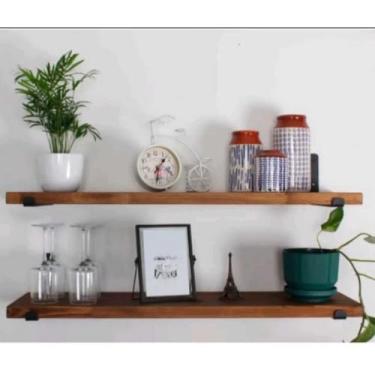 Imagem de Kit Prateleira Envelhecida Estilo Industrial com Mão Francesa Invertida - Decoração para Cozinha, Sala, Quarto e Banheiro(Natural 60 cm,2 Prateleira)