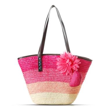 Imagem de QTKJ Sacola feminina, bolsa de palha, bolsa de praia moderna tecida à mão, bolsa de ombro de flor com linda bolsa, bolsa de verão de grande capacidade para férias, viagem, combinação diária (rosa),