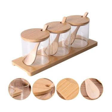 Imagem de Kit 3 Potes De Bambu Porta Temperos C/ Suporte E Colher Mek