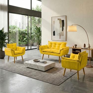 Imagem de Kit Namoradeira Decorativa E 2 Poltronas Confortável Para Sala Recepção Manicure Consultório Escritório Alice Tecido Suede