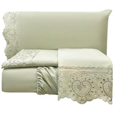 Imagem de Jogo De Lençol Queen Bordado Ingles 300 Fios Nupcias 4 Peças Cor Bege