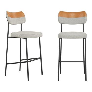 Imagem de Kit 02 Banquetas Altas Cozinha Lila Com Encosto Couríssimo Whisky Linho Cinza - Desk Design