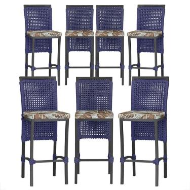 Imagem de 7 Banquetas Em Alumínio Roma Preta Corda Náutica Tecido 6 Azul