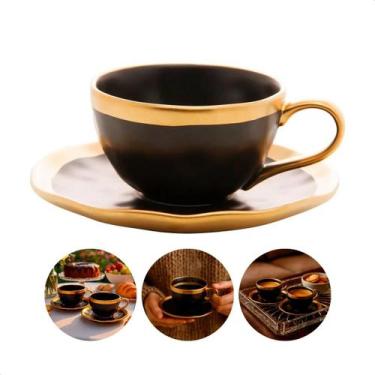Imagem de Xícara Para Café Expresso Com Pires Porcelana Luxo Preta E Ouro 90ml -