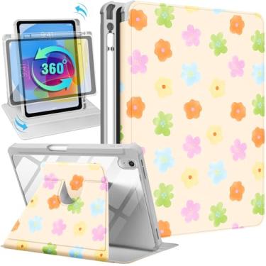 Imagem de Uppuppy Capa para iPad A16 para iPad 10ª geração, capa inteligente com suporte giratório de 360 graus com suporte para lápis para mulheres e meninas, flores coloridas para Apple 10th 2022/11th 2025