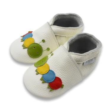 Imagem de Basrakids Sapatos De Bebê, Mocassins Couro Para Meninas E Meninos, Pantufas Com Sola Macia Antiderrapante, Leves Bebês Pequenos, Primeiros Passos (G, Branco + Colorido, Lagarta)