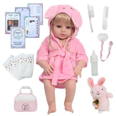 Imagem de Bebe Reborn Loira Realista Saída de Banho Coelho Com Pelúcia - Cegonha