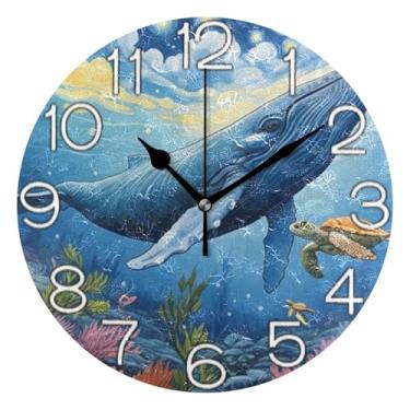 Imagem de GAIGEO Relógio de parede analógico decorativo de baleia azul com desenho animado para escritório, cozinha, silencioso, retrô, moderno, art déco, decoração de parede, 25 cm, ponteiros dourados