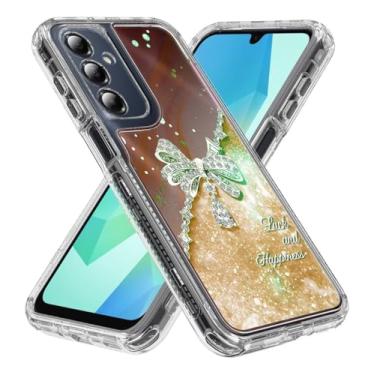 Imagem de Rosebono Compatível com Samsung Galaxy A16 Sparkle Rhinestone Diamond Colorful Butterfly Graphics Design 3-Layer Hybrid Armor Cover Case (amarelo)