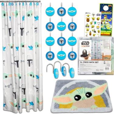 Imagem de Cortina de chuveiro Baby Yoda - Conjunto de decoração de banheiro Star Wars inclui 1 cortina de chuveiro Mandalorian, 12 ganchos, tapete de banho, adesivos, mais | Conjunto de cortina de chuveiro Baby