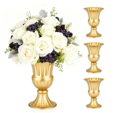 Imagem de Aurabee Conjunto de 4 vasos de urna de trompete de flor dourada de 23 cm, vaso de urna de ouro, vasos de pedestal para centros de mesa, bases para Arreglos Florales, vaso de metal de ferro à prova de
