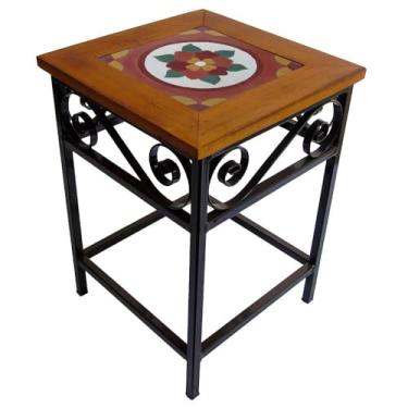 Imagem de Banco Rústico em Ferro e Madeira Maciça com Ladrilho Hidráulico – Banco Artesanal Decorativo Estilo Industrial para Cozinha, Sala e Área Gourmet (4, F2)