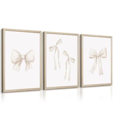 Imagem de Conjunto de 3 pôsteres estéticos de arte de parede com arco preppy Bow para decoração de parede bege com estampa de arco bege para sala de estar, apartamento universitário, 40,6 x 61 cm, moldura de