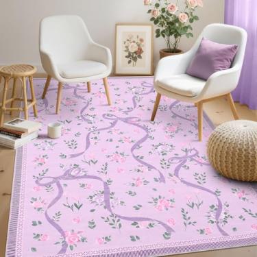 Imagem de GarveeHome Coquette Tapetes roxos para quarto de meninas, 7,5 x 12,5 cm para sala de estar com pelo baixo macio, laço floral, lavável, tapete para berçário, dormitório infantil, sala de jogos