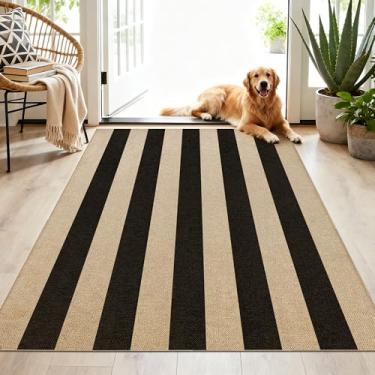 Imagem de JROSING Tapete de juta fácil listrado lavável 7,5 x 12,5 cm, preto, externo, pátio, moderno, geométrico, neutro, tapete fino, antiderrapante para sala de estar, quarto, entrada, porta da frente, casa