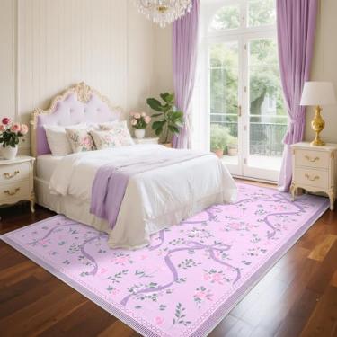 Imagem de GarveeHome Coquette Tapetes roxos para quarto de meninas, 22 x 30 cm para sala de estar com pelo baixo macio, tapete lavável com laço floral antiderrapante, 22 x 30 cm, para berçário, sala de jogos