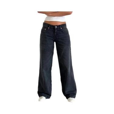 Imagem de Calças Jeans Femininas De Cintura Alta Com Pernas Largas Moda Retro Y2