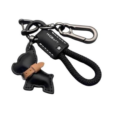 Imagem de Chaveiro De Couro Genuíno Artesanal Para Bulldog Francês Com Alça Anti