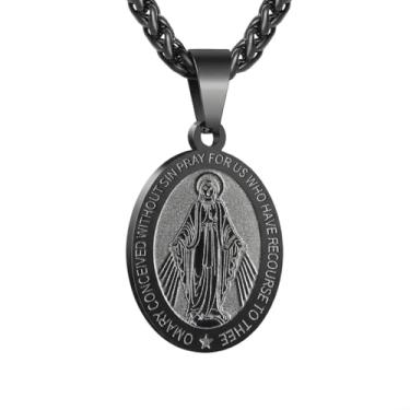 Imagem de DNBVII Colar oval de aço inoxidável com pingente de Virgem Maria para homens e mulheres - Medalha católica milagrosa, amuleto de proteção de fé religiosa com corrente de 61 cm (preto)