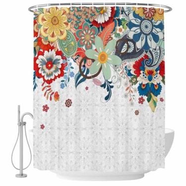 Imagem de Boho Cortina de chuveiro floral abstrata boêmio flor conjunto de cortinas de chuveiro de tecido impermeável para banheiro decoração de banheira acessórios de casa 182 x 182 cm