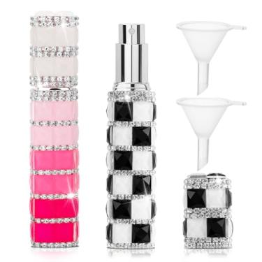 Imagem de TTOYOUU Atomizador de perfume de viagem recarregável, mini frascos de perfume de strass de 12 ml, vazio, recarregável, pulverizador atomizador de viagem com funil, 2 peças, preto, branco + rosa e