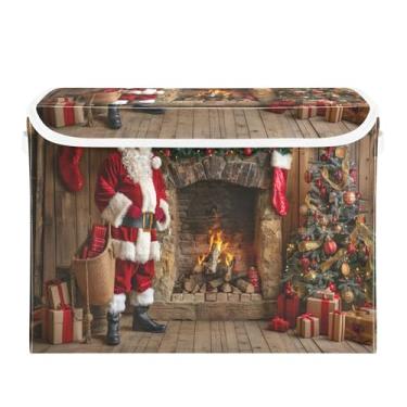 Imagem de SEHANY Linda caixa de armazenamento de Papai Noel de Natal com tampas e alças, organizador de cestas de armazenamento de tecido dobrável, caixas de armazenamento de cubos grandes para roupas, cobertor