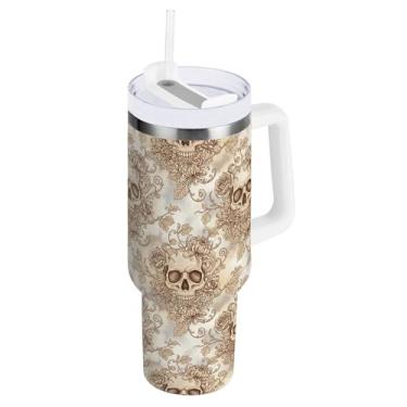 Imagem de SEHANY Copo Skull Gothic de 1,134 g com alça, copo isolado de aço inoxidável de parede dupla, à prova de vazamento, caneca de café isolada para viagem, cabe no suporte de copo de carro