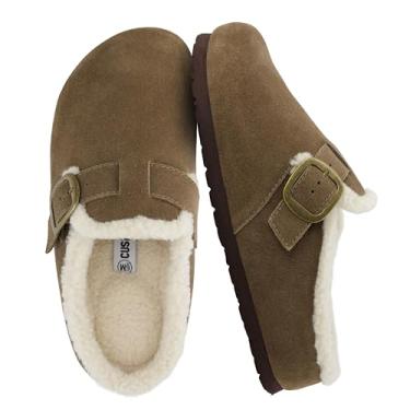 Imagem de CUSHIONAIRE Tamancos femininos de couro genuíno Haven – Sapatos femininos sem cadarço com forro de pele sintética com palmilha de cortiça e fivela ajustável, Cinza-escuro, 41