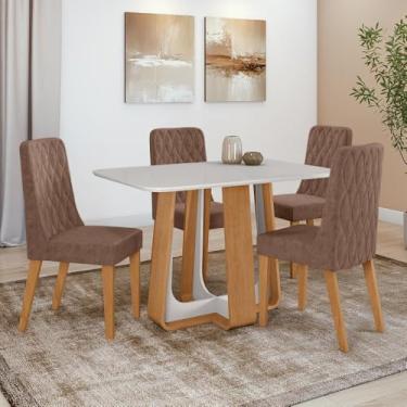 Imagem de Conjunto Sala de Jantar Mesa Easy Pop 120x80cm Tampo Vidro/mdf com 4 Cadeiras Seat Couro Morano Avelã Amendoa Clean/off White