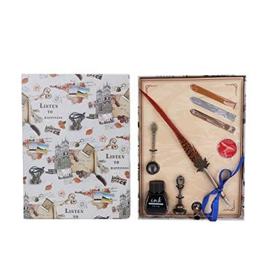 Imagem de Conjunto de canetas de pena vintage elegante retrô de aço inoxidável com pontas de pena para escrita com kit de cera de vedação para entusiastas de caligrafia, escritores e (Tipo 7)