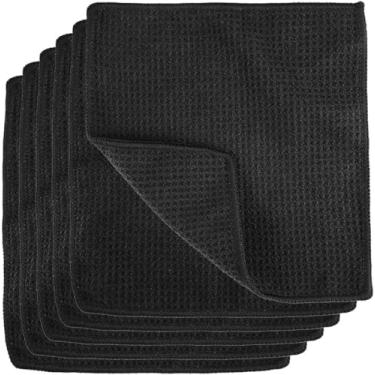 Imagem de Panos de prato de cozinha Waffle Weave, pacote com 6 panos de prato pretos, absorventes ultramacios, panos de microfibra de secagem rápida para limpeza de cozinha, 20 x 20 cm