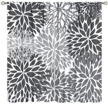 Imagem de Cortinas florais cinza, vintage, boêmio, abstrato, dália, fazenda, decoração de casa, para quarto, sala de estar, tratamento de janela, conjunto com 2 painéis, tamanho total 107 cm L x 114 cm C